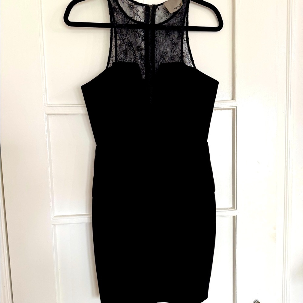 Aryn K Black Peplum Sheath Dress Plunging Lace Neckline - Picture 1 of 5